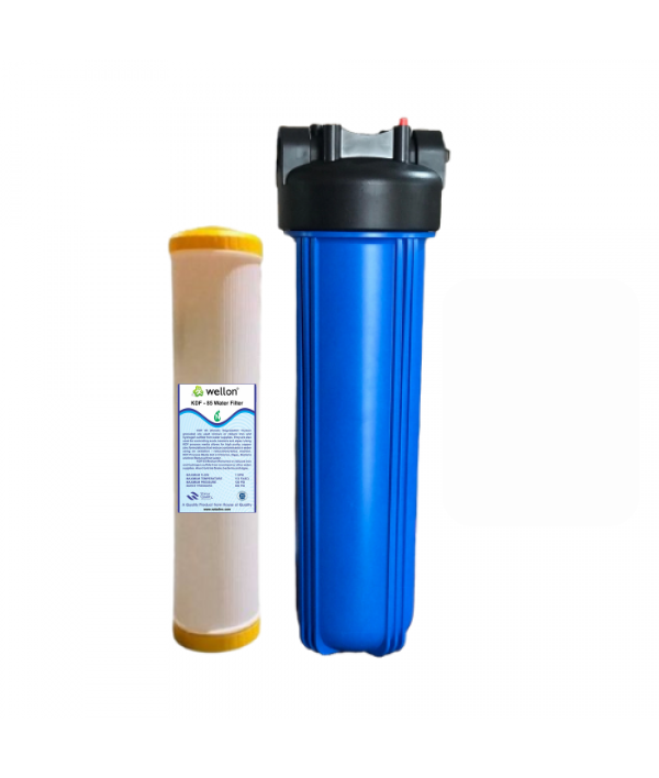 Wellon KDF-85 Water Filter Cartridge for Overhead Tank | Removes Iron, Sulphide, Chlorine, Odour & Bacteria | Jumbo Carbon Block Filter with Jumbo Housing | 1.5" Inlet/Outlet, Blue